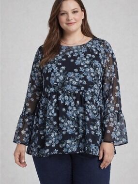 😍 SHOW SPECIAL -GEORGE black long sleeve gathered waist floral blouse XL